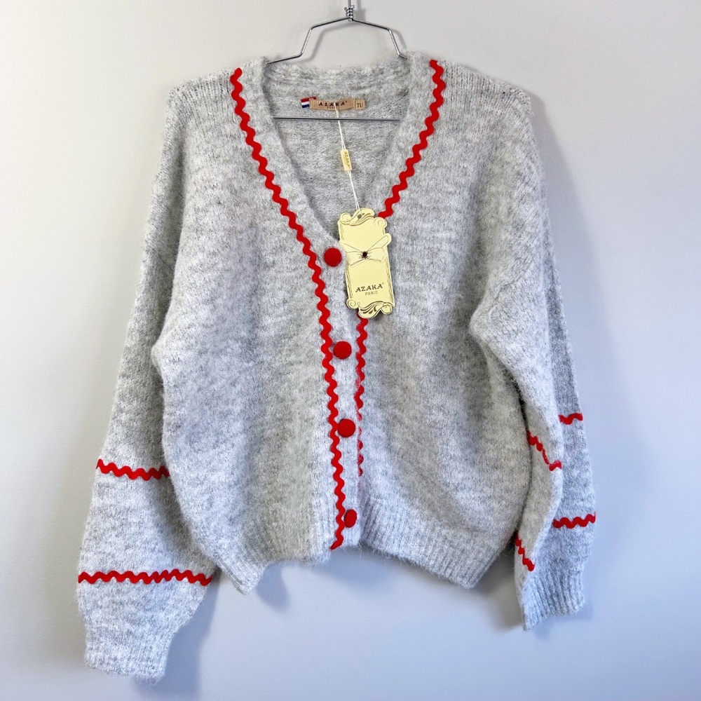 Azara France Soft button front cardigan grey with contrast red trim NWT - Picture 6 of 16